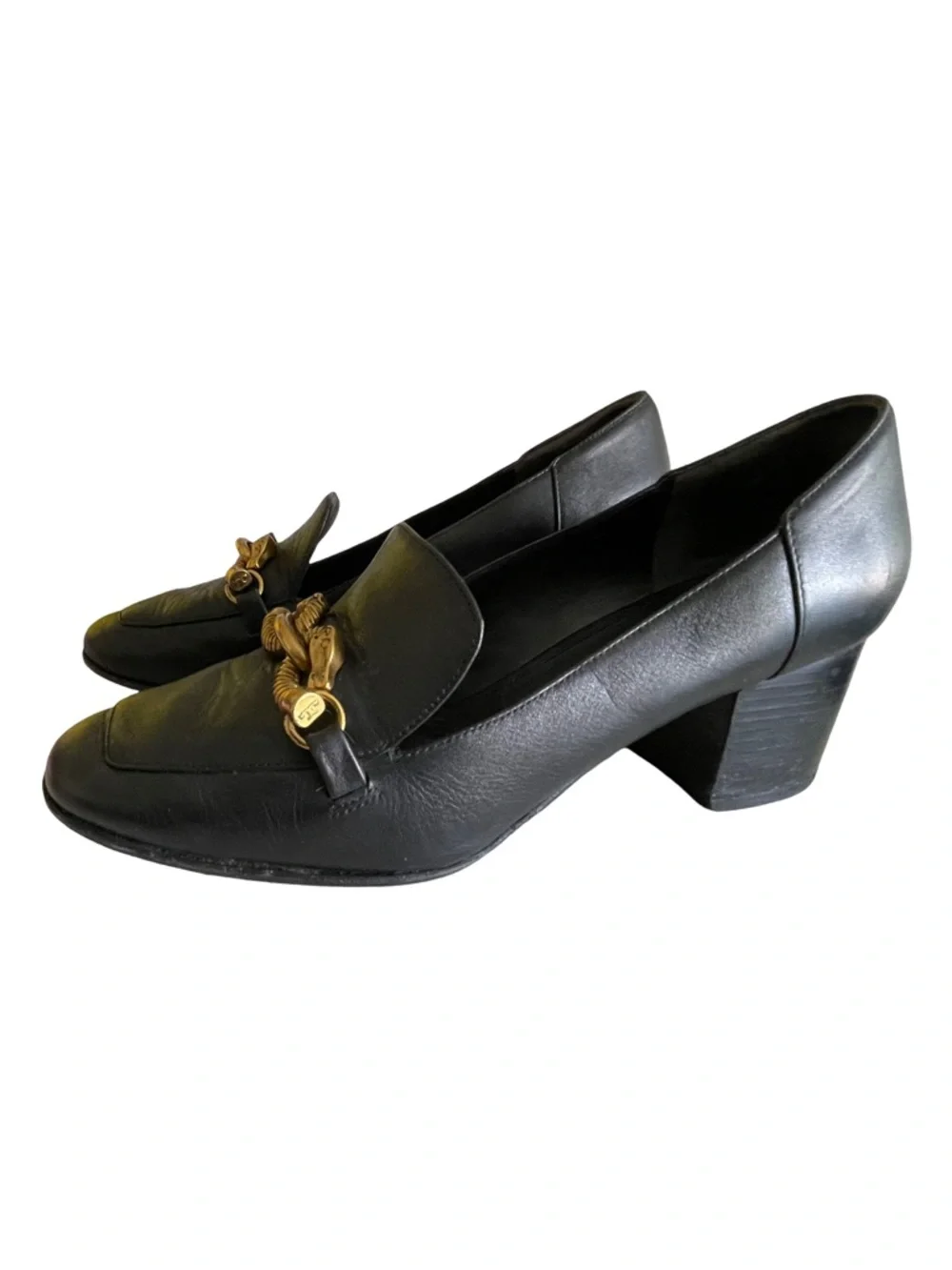 Tory Burch Jessa Black Leather Block Heel Loafers Gold Horsebit Detail Size 8.5